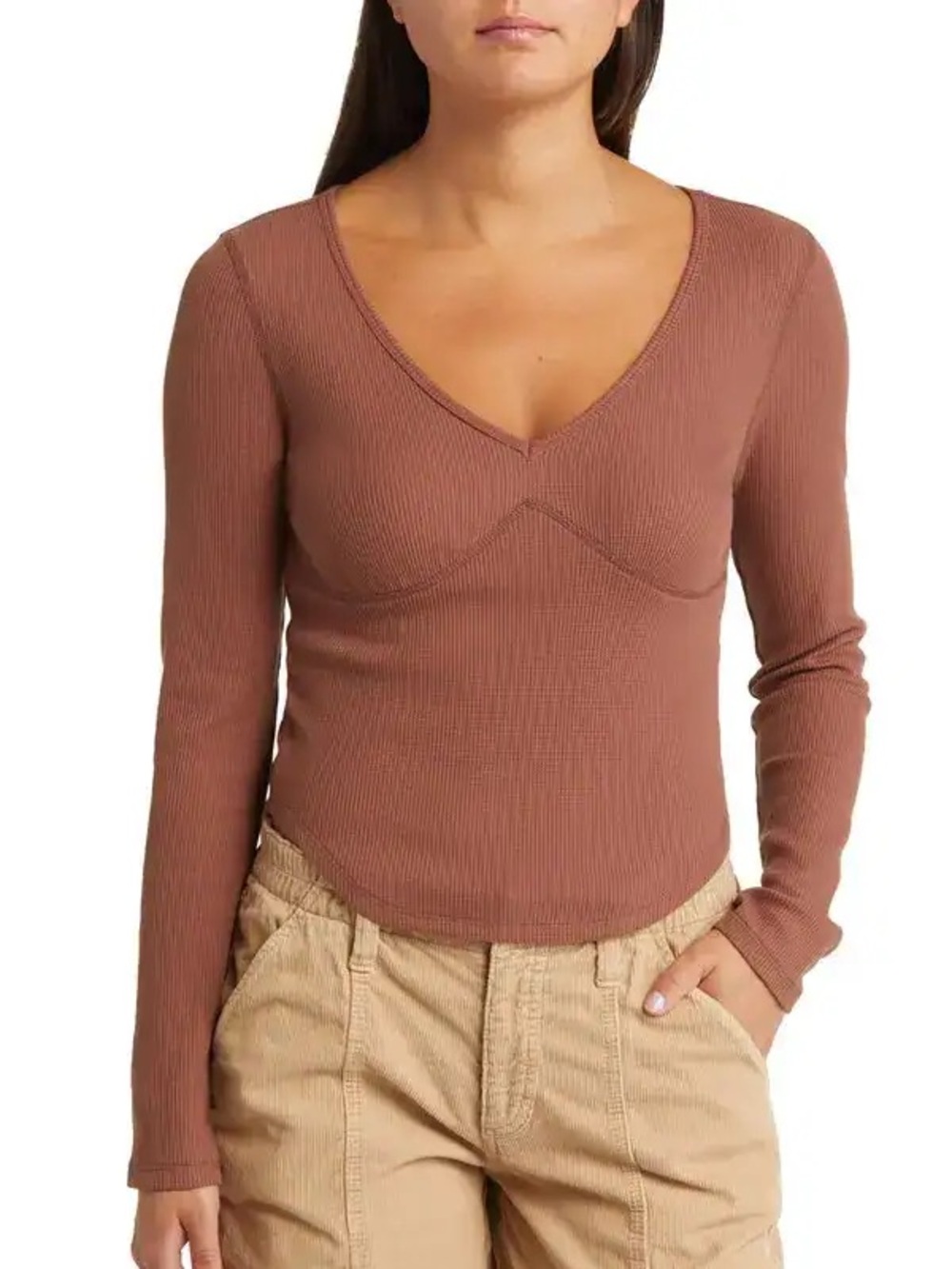 Bp. Bustier Thermal Waffle Knit Top in Brown Small
